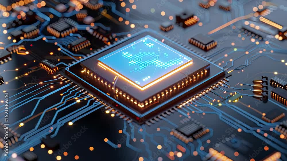 Poster explore the fascinating world of microchip technology with intricate circuits and vibrant illuminati