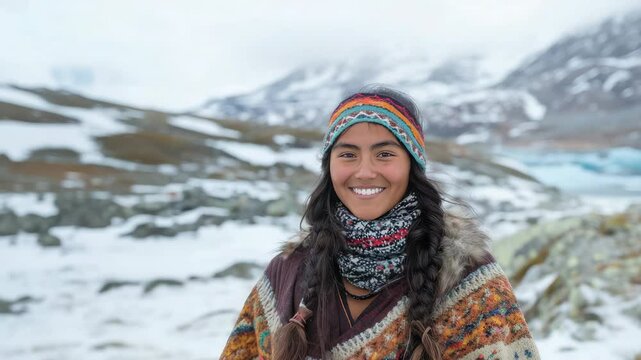 young smiling indigenous greenlandic woman with black hair against northern greenland landscape, national clothes, nuuk, winter, fjords, snow, people