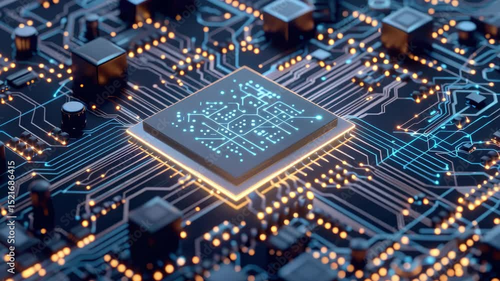 Poster close-up view of a digital circuit board featuring illuminated components and detailed pathways, hig