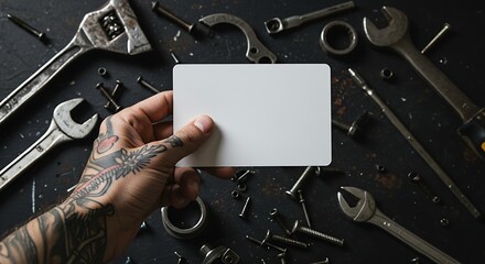Tattooed Hand Holding Blank Card Amidst Tools on Dark, Textured