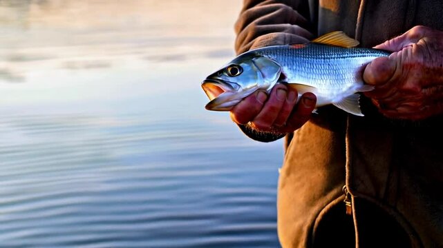 Hand holding freshly caught fish over calm lake water reflecting soft evening light. Concept of outdoor hobby and nature connection