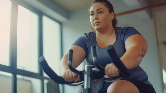 beautiful overweight woman in sportswear on an exercise bike in a fitness club, losing weight, active lifestyle, sport, fat girl cycling, gym