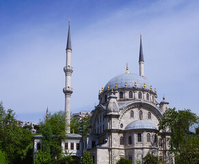 Historic Nusretiye mosque, a significant landmark in Istanbul. Nusretiye mosque's Ottoman architectural ornate beauty. Galataport shopping center. Tophane district, Istanbul, Turkey