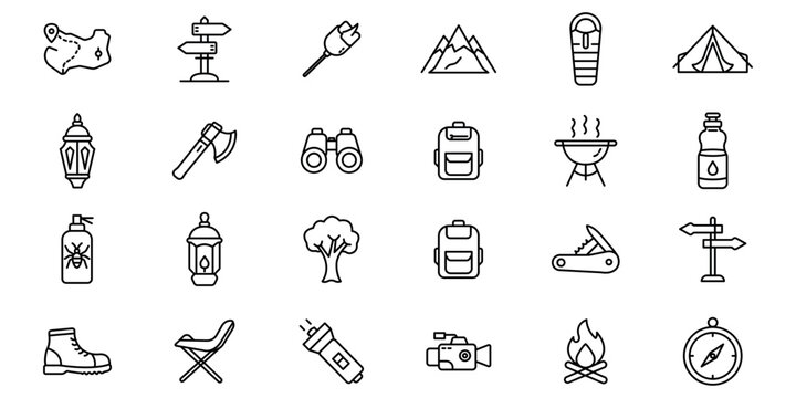 Camping outline or line icon design bundle.