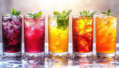 Colorful cocktails sit on ice with fresh mint garnish and bubbly textures. Ideal for beverage ads, summer promotions, or drink recipe blogs.