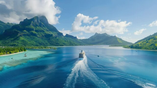 A magnificent cruise ship glides through bright turquoise waters surrounded by lush green mountains and vibrant landscapes in paradise
