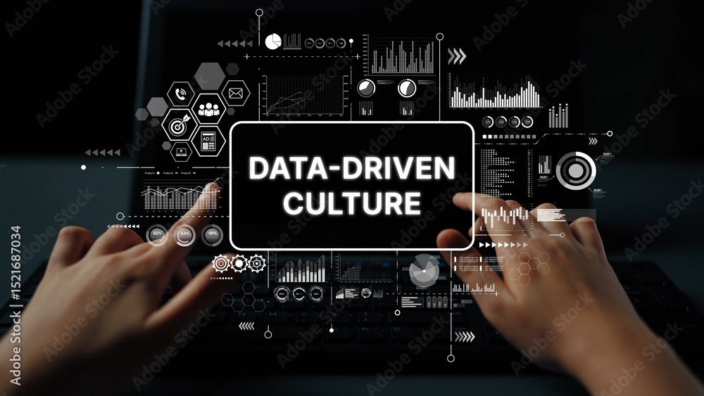 Poster hands engaging with digital interface displaying data-driven culture and analytics insights for busi