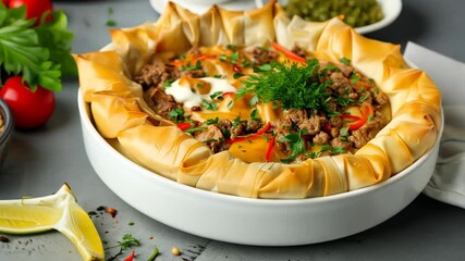 Enjoy the preparation of a flavorful savory pie made with minced meat, vegetables, and spices in a warm kitchen ambiance - Powered by Adobe