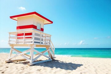 Fototapeta premium A classic red and white striped lifeguard tower stands tall on a sandy beach, overlooking a calm ocean under a bright sunny sky Perfect for summer vacation and safety themes , watchtower, rescue
