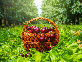 Ripe cherries overflow from a woven basket set in a vibrant orchard. The green foliage and the vivid red cherries create a striking contrast, highlighting the harvest's abundance