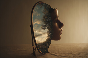 Surreal visual metaphor of a mirror reflecting a human profile blended with a dreamy natural landscape
