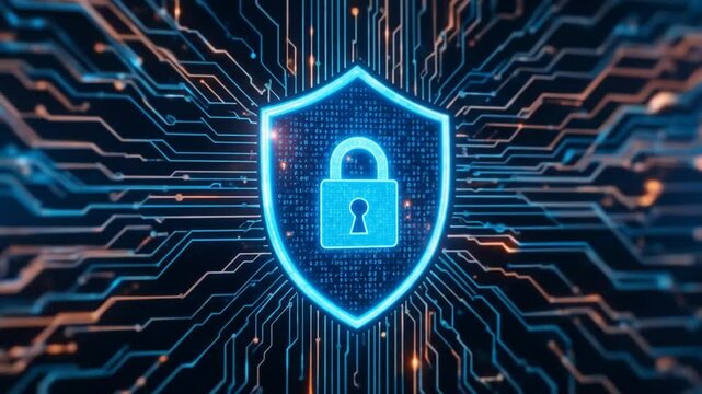 Digital Security Shield With A Keyhole Surrounded By Flowing Data Lines And Binary Code. 4k video