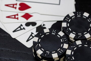 Casino chips and cards on the table. Gambling concept