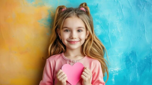 Little girl with long blonde hair holding a paper heart on a colored background, Valentine's Day, card, love, valentine, child, teenager, schoolgirl, declaration of love, February 14