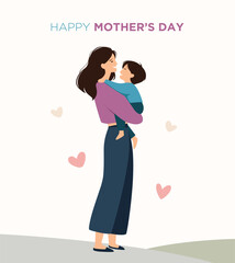Happy mothers day illustration of a mother holding her child showing love and affection on white background