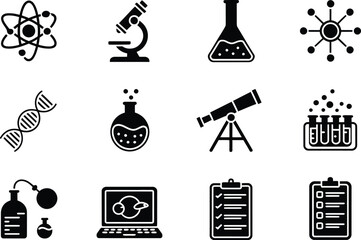 A collection of scientific icons including atom, microscope, dna, and laboratory equipment in black