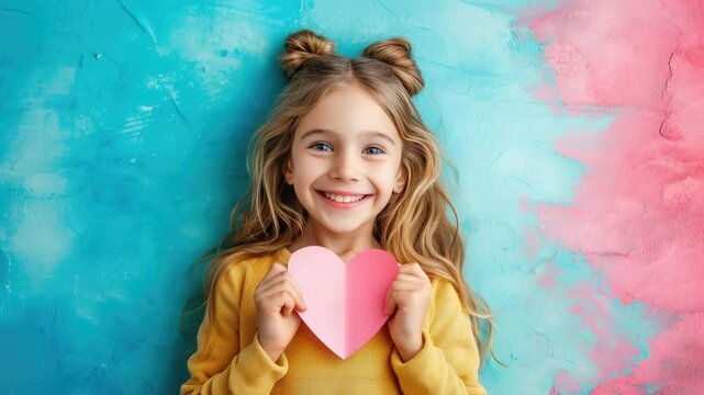 Little girl with long blonde hair holding a paper heart on a colored background, Valentine's Day, card, love, valentine, child, teenager, schoolgirl, declaration of love, February 14