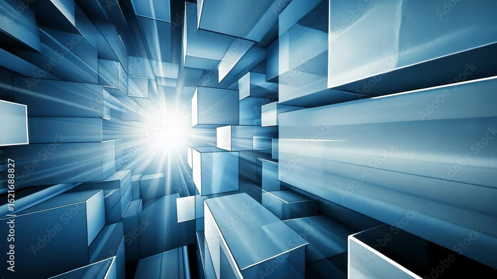 Poster bright rays of blue light burst through shifting cubes, creating a captivating visual experience in 