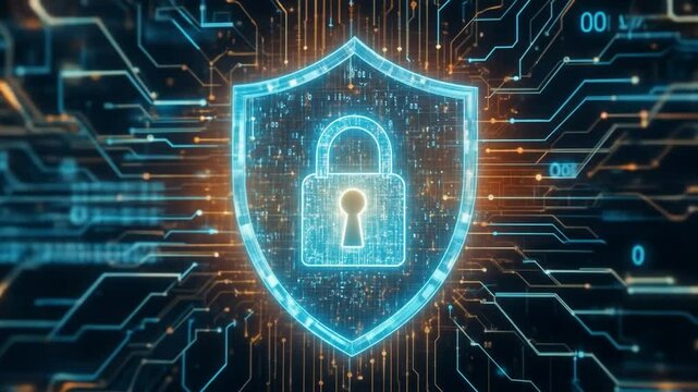 Digital Security Shield With A Keyhole Surrounded By Flowing Data Lines And Binary Code. 4k video
