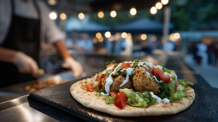 Delicious Falafel Wraps with Tahini at a Busy Food Cart