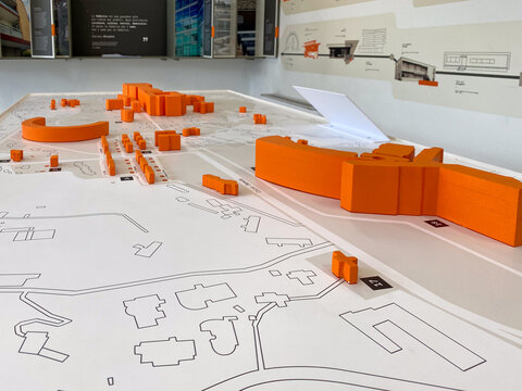 New Ico IV offices and research centre buiildings in Unesco Olivetti Industrial city scale model