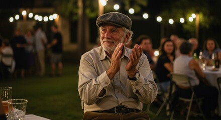 A smiling senior man claps during an evening outdoor celebration with friends.