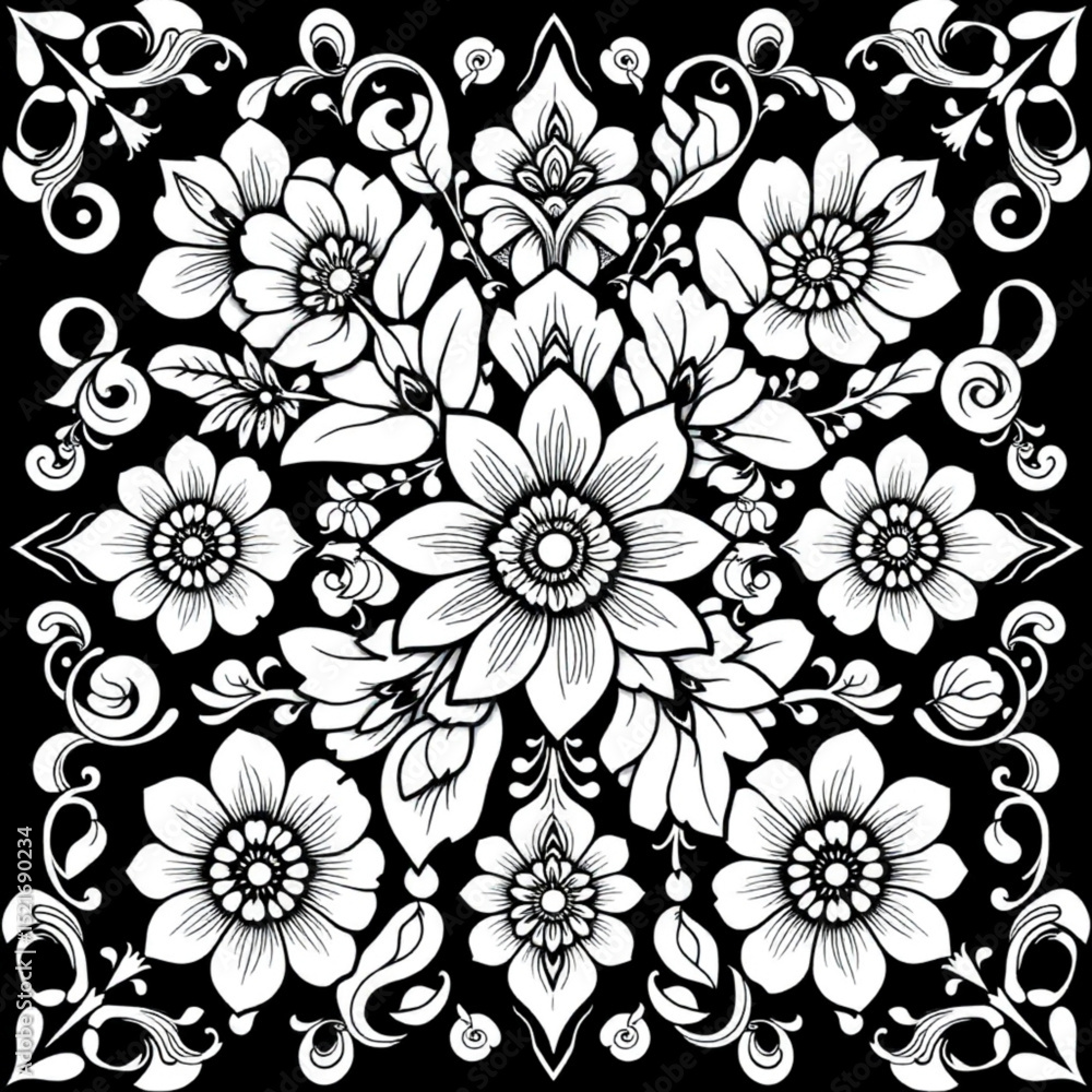 Poster detailed floral arrangement with symmetrical design on a black background creates a striking pattern