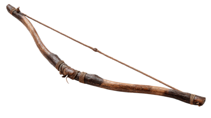 A detailed view of a handcrafted wooden bow ready for action or display.