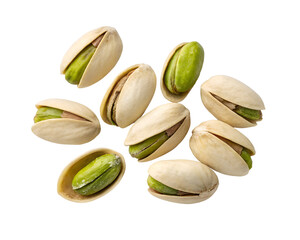 pistachio nuts scattered white background