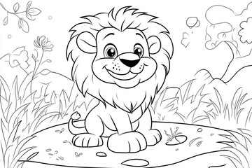 Happy cartoon lion sitting on a rock coloring page &ndash; adorable jungle animal line art for kids, preschool wildlife education worksheet, fun safari coloring activity for early learners