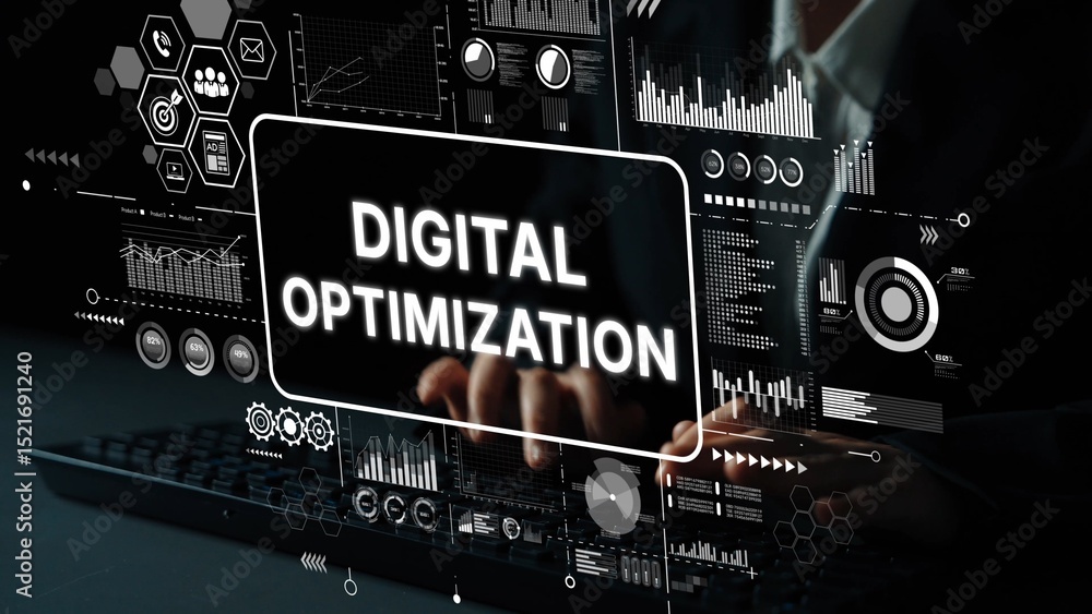 Fototapete Digital Optimization Concept Displayed on Screen with Graphical Data Visualization Elements and Hands Typing on Keyboard. Asymptotic smart data analytic.