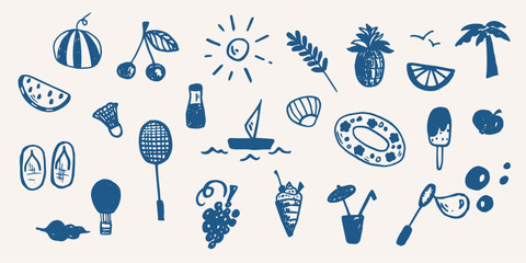 Set of summer elements in doodle style in vector.
