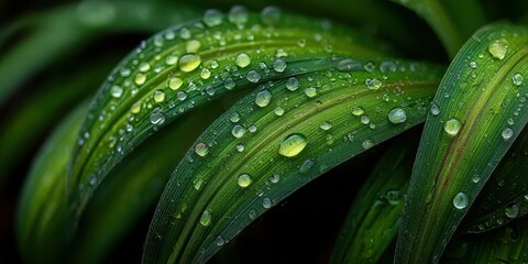 Close-up of green leaves covered in water droplets after rain in a tropical garden during the early morning sunlight