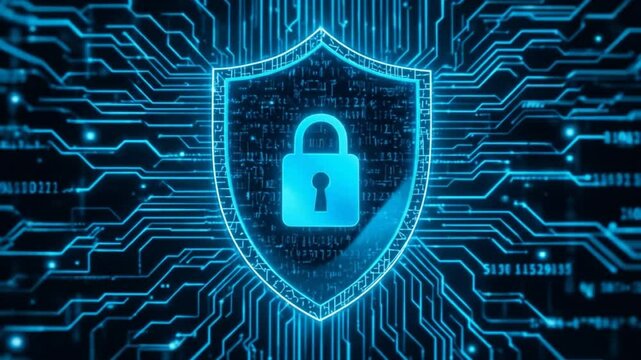 Digital Security Shield With A Keyhole Surrounded By Flowing Data Lines And Binary Code. 4k video