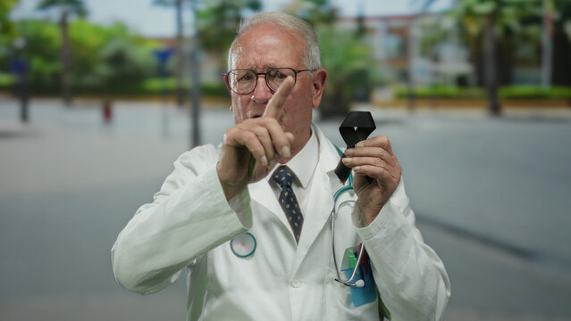 Senior doctor in uniform stands outdoors holding black ribbon with focus on advice.