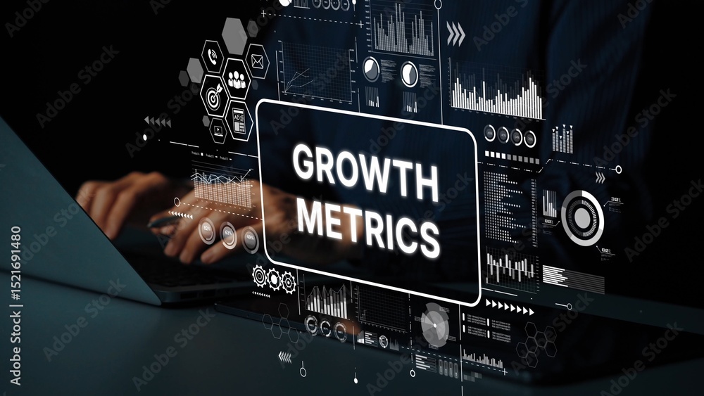 Poster data analysis and visualization for business growth metrics in a digital workspace. asymptotic smart