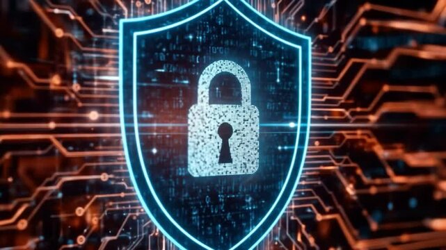 Digital Security Shield With A Keyhole Surrounded By Flowing Data Lines And Binary Code. 4k video