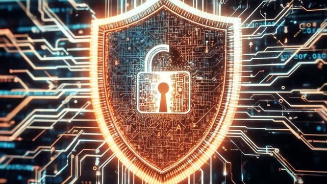 Digital Security Shield With A Keyhole Surrounded By Flowing Data Lines And Binary Code. 4k video