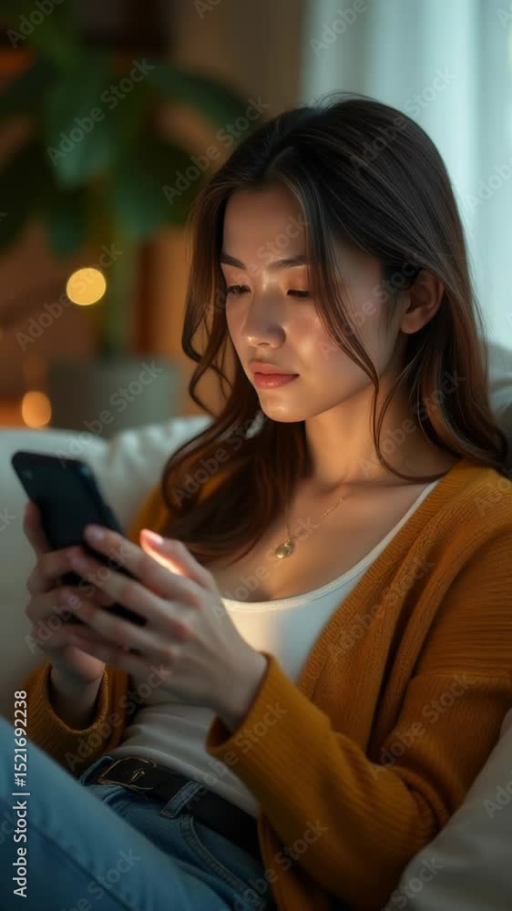 Poster a person sitting on a couch looking at their mobile device