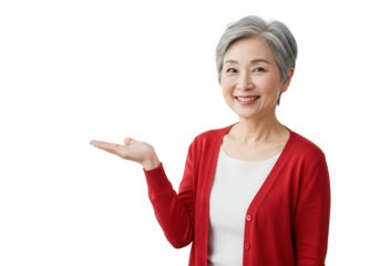 Smiling senior woman presenting isolated on transparent background