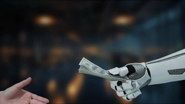 A futuristic scene depicts a robotic hand passing cash to a human hand, illustrating the evolving interaction between technology and finance in modern society. MZL