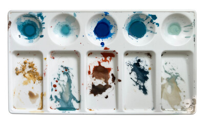 Palette with paints isolated on white background.