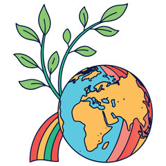 Bright and colorful flat vector illustration of planet Earth with a small green sprout growing from its surface. Symbolizes global ecology, hope, and environmental care.