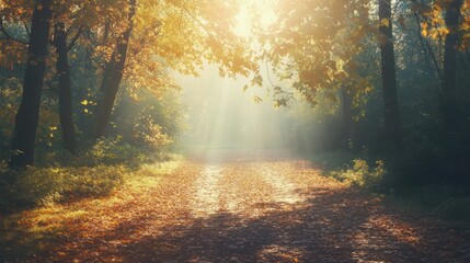 Obraz premium Autumn forest path bathed in soft sunlight, peaceful and tranquil surroundings