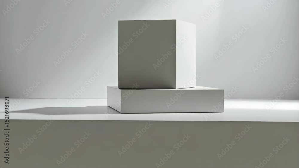 Poster minimalist studio setup showcasing two white geometric cubes stacked on a reflective white surface w