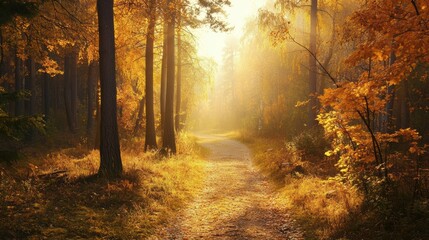 Obraz premium Autumn forest path bathed in soft sunlight, peaceful and tranquil surroundings