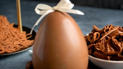 Festive chocolate egg with ribbon, mini eggs, and chocolate curls for holiday celebrations. Brown chocolate dessert treat close-up. - Powered by Adobe