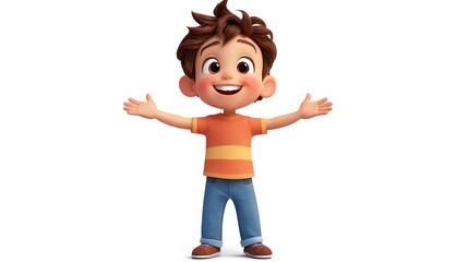 Joyful cartoon boy with open arms, ready for a hug, against white background.
