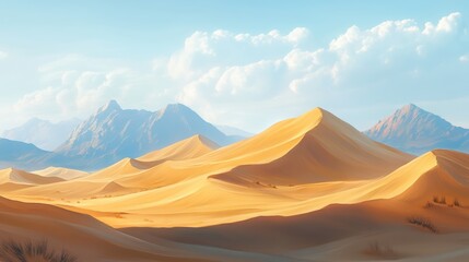 Bright and sunny desert scene featuring rolling sand dunes, producing a dry and open atmosphere