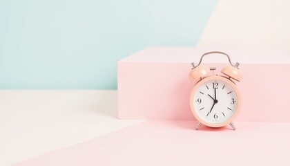 Vintage alarm clock on pink and blue geometric background  